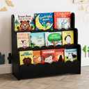 SpaceAid 3-Tier Scalloped Bookshelf, Montessori Bookcase for Toddlers, Wooden Book Shelf Organizer Display Furniture for Kids Rooms, Playroom, Nursery and Classroom, Black, 3 Tier, 29.6" W