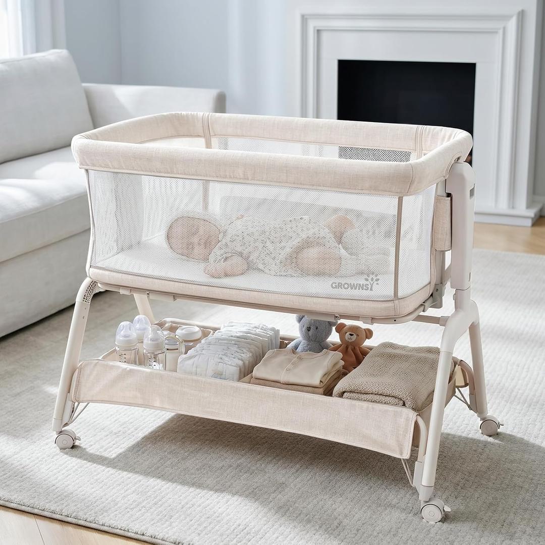 GROWNSY 5-in-1 Bassinet Bedside Sleeper with Gentle Rocking Mode, 6 Adjustable Heights, Full Breathable Mesh, Convertible to Portable Crib, Bassinets with Supportive Mattress & Wheels, Cream, Standard