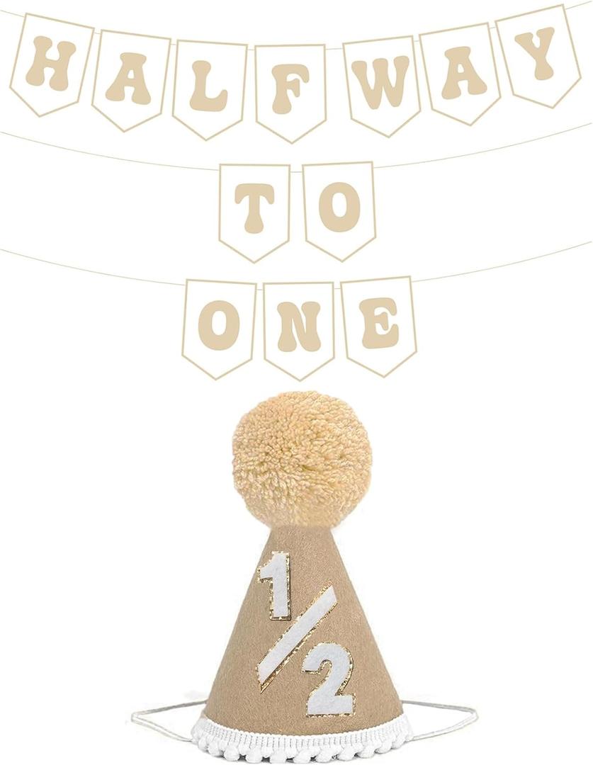 6 Months Birthday Decorations, Beige Half 1/2 Birthday Decorations With Half Way To One Banner And 1/2 Bir-thday Hat For Six Months Ha-Lf Year BD Decor-ations Boy Girls