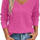 SHEWIN Womens Sweaters V Neck Long Sleeve Shirts Knit Hollow Out Crochet Sweater Fall Outfits for Women 2025 (Large, Bright Pink)