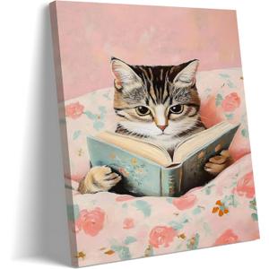 Framed Cats Canvas Wall Art, Funn Tabby Cat Reading Books Picture Wall Decor, Pink Vintage Animal Poster Prints for Girls Room Bedroom Kids Room Living Room Bathroom Decor 12x16 inch