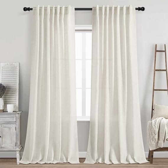 Cream Linen  Linen Textured 96 Inch Curtains 2 Panel Set Back Tab Rod Pocket 2 Panel Set Neutral Modern Farmhouse Window Privacy Semi Sheer Linen Drapes Rustic Pinch Pleated Look Curtain Natural Ivory Colored