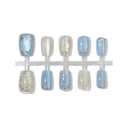 Square Press on Nails Short Fake Nails with 3D Gold Silvery Flowers Design Glitter Blue French False Nails Glossy Acrylic Glue on Nails Full Cover Spring Floral Stick on Nails for Women 30Pcs
