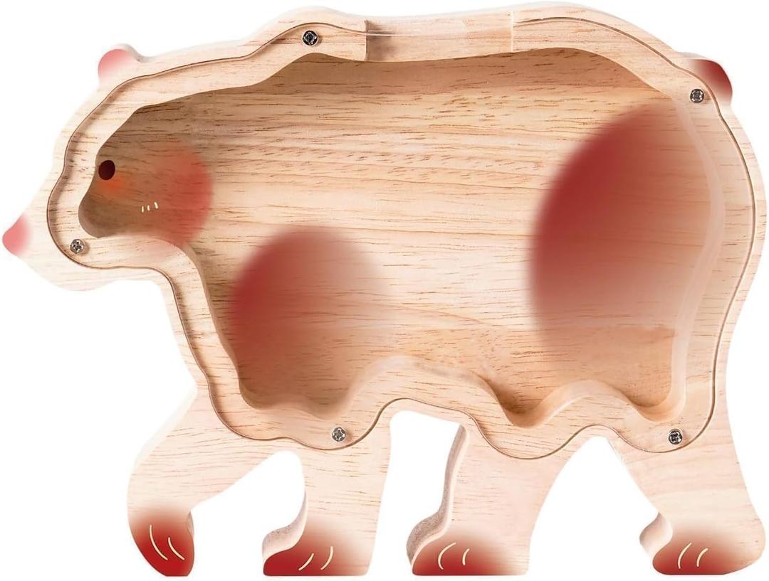 Wooden Bear Piggy Bank for Kids, Cute Unbreakable Money Coin Bank Jar, Safe Money Box, Transparent Saving Jar, Birthday Easter Anniversary Baptism Gifts for Boys Girls Toddler, Bear Lovers (Large)