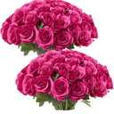 JUSMAI 50pcs Hot Pink Roses Artificial Flowers Real Touch Fake Flowers with Long Stems Silk Flowers for Wedding Bouquet Centerpices Decorations Party Bridal Baby Shower Home Decor