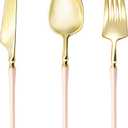 Lullaby 150pcs Gold Plastic Silverware, High End Disposable Cutlery with Pink Handle Include 50 Forks, 50 Spoons, 50 Knives, Perfect for Birthdays, Parties, Weddings, and More