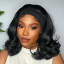 FANCEE Yaki Wavy Headband Wigs for Black Women 14 Inch Black Kinky Straight Wear and Go Wig with Curly Wavy Ends Synthetic Glueless Half Wig with Headbands Attached Blow Out Style Natural Hair Texture
