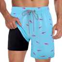 Fasker Mens Swim Trunks with Compression Liner 7" Inseam Quick Dry Bathing Suit Beach Shorts Swimming Trunks with Pockets (Medium, Shark Design)
