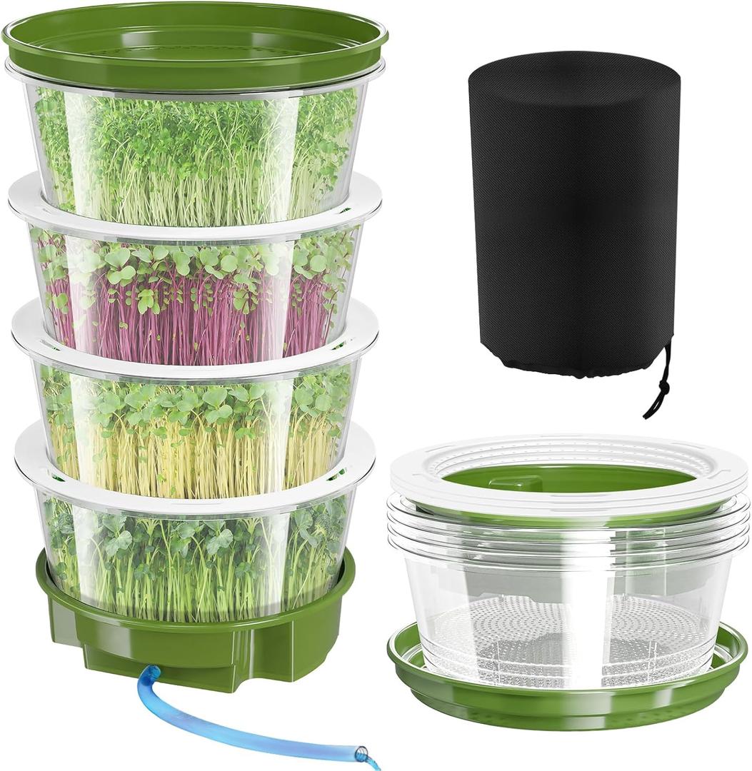 4-Tier Sprouts Growing Kit with Drain Hose & Ventilation Holes, Stackable Microgreens Growing Sprouting Trays Including Blackout Cover, Soil-Free Sprouter for Planting Broccoli Alfalfa Bean Seeds