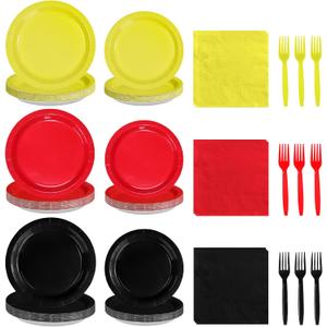 96Pcs Mouse Color Birthday Party Decorations Red Black Yellow Dessert Paper Plates and Napkins Set Cartoon Themed Mouse Decor for Kids Boys Girls 1st Birthday Baby Shower Party Supplies Serves 24