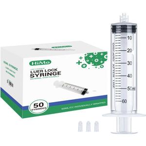 HiMo Pack of 50 - 60mL Luer Lock Syringe without Needle Large Plastic Sterile Syringes with Cap 50mL/60cc