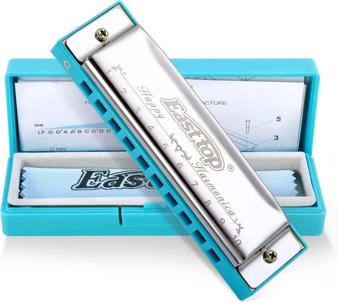 East top Harmonica, Diatonic 10 Holes C Key, Blues, for Beginner, Kids, Children, Students, Gift, with Case, Clean Cloth and Manual