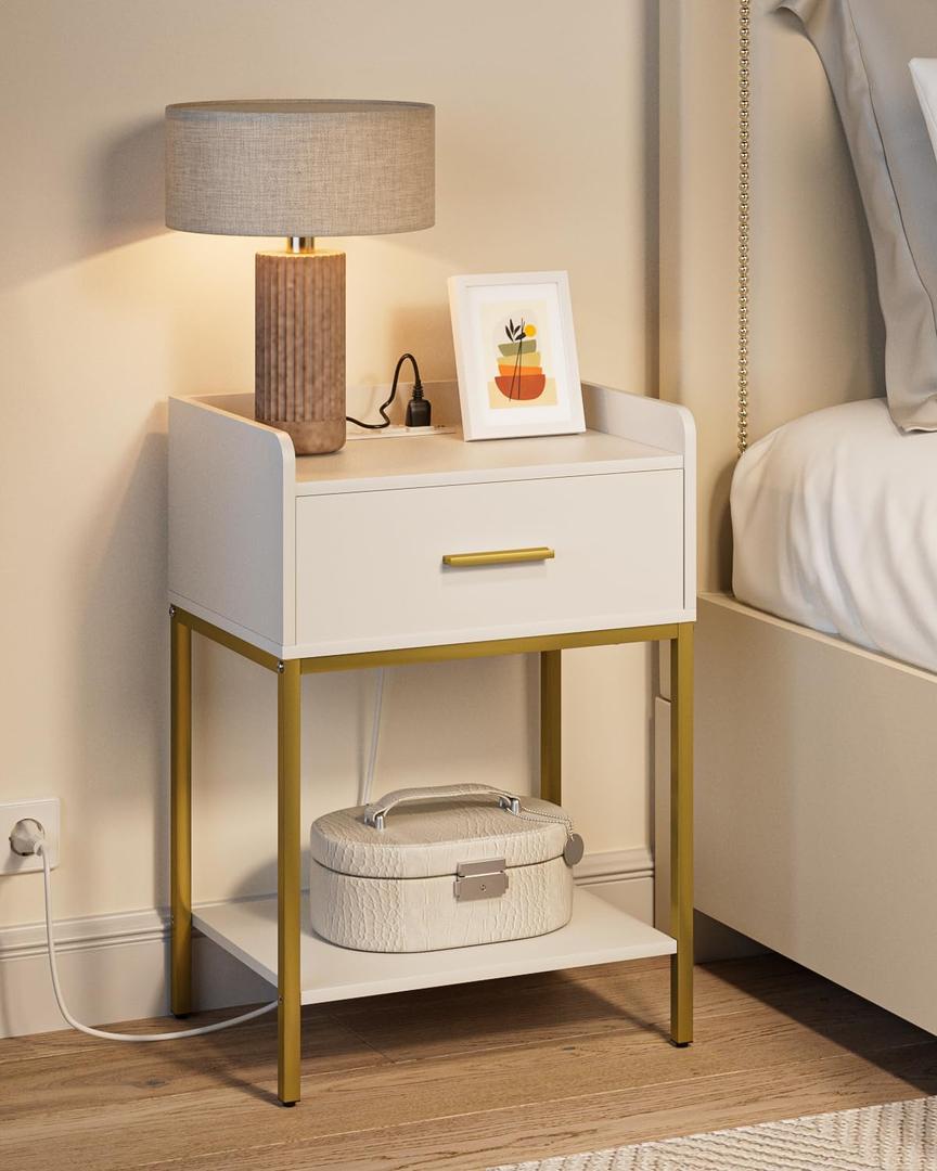 Nightstand with Charging Station,3-Tier Bedside Table for Small Space,Modern Night Stand with Storage Drawer and Shelf,Small Side Table for Bedroom,Living Room,White