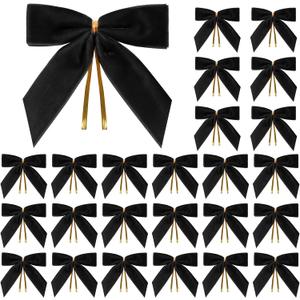 24 Pcs Black Small Velvet Christmas Bows for Christmas Tree, Wreath, Gift Wrapping, Crafts, Wedding, Party, Twist Tie Bows for Treat Bag Bakery Candy Bags, Home Decor 1" W,3.5 x 3.5 inch