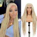 360 Full Lace Knotless Box Braided Wig, Long Black Synthetic Hair, Triangle Lace Front (Blonde, 34 inches)