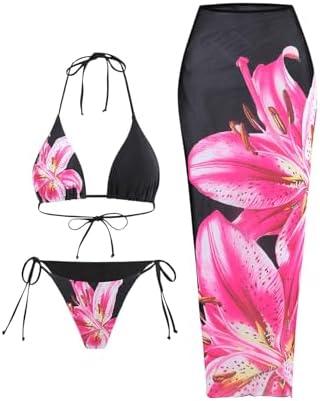 MakeMeChic Women's 3 Piece Zebra Cheetah Bikini Sets Polka Dots Strapless Bathing Suit with Swimsuit Coverup, L