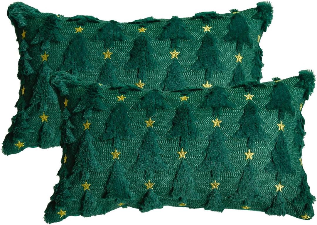 AVOIN colorlife Christmas Tree Star Green Throw Pillow Cover Set of 2, 12 x 20 Inch Soft Plush Faux Fur Jacquard Cushion Case Festivals Winter Decoration for Sofa Couch