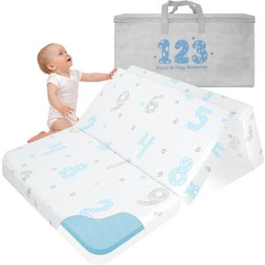 Trifold Pack and Play Mattress, 38"x26" Dual-Sided Memory Foam Pack N Play Mattresses for Baby Toddlers, Foldable Portable Travel Crib Mattress for Pack N Play, Digit Pattern (Blue)