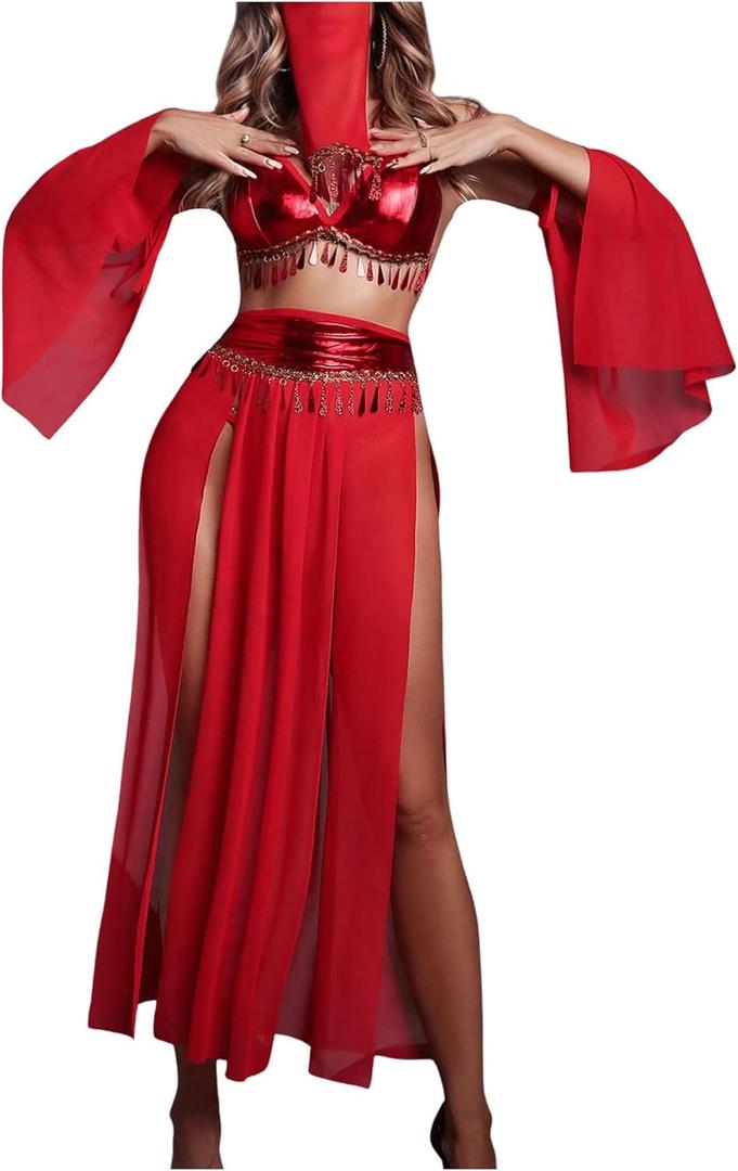 Women's 5pcs Lingerie Costume Bra and Maxi High Slit Skirt Set Roleplay Belly Dancer Costumes Western Exotic Outfits Red, Large
