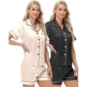 TinyChoice 3 Piece Silk Satin Pajamas Set for Women Soft Short Sleeve Pjs Silky V Neck Sleepwear, S