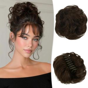 RUWISS Claw Clip Messy Bun Hair Piece Real Human Hair Buns Wavy Curly Chignon Hair Bun Extensions Tousled Updo Ponytail Hairpieces Hair Scrunchie with Clip for Women Brown