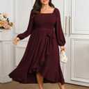 SCOMCHIC Women Plus Size Cocktail Dress Formal Long Sleeve Wedding Guest Smocked High Low Ruffle Dress with Belted (XL)