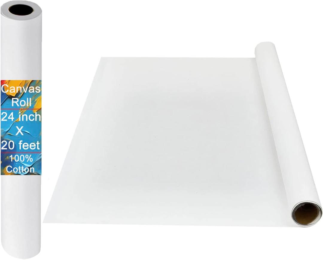 Canvases for Painting, 24 Inch x 20 Feet 100% Cotton Large Canvas Roll for Painting, Blank Oil Painting Canvas Paper Roll for Artist Quality for Acrylic, Pouring Watercolor & Oil Painting