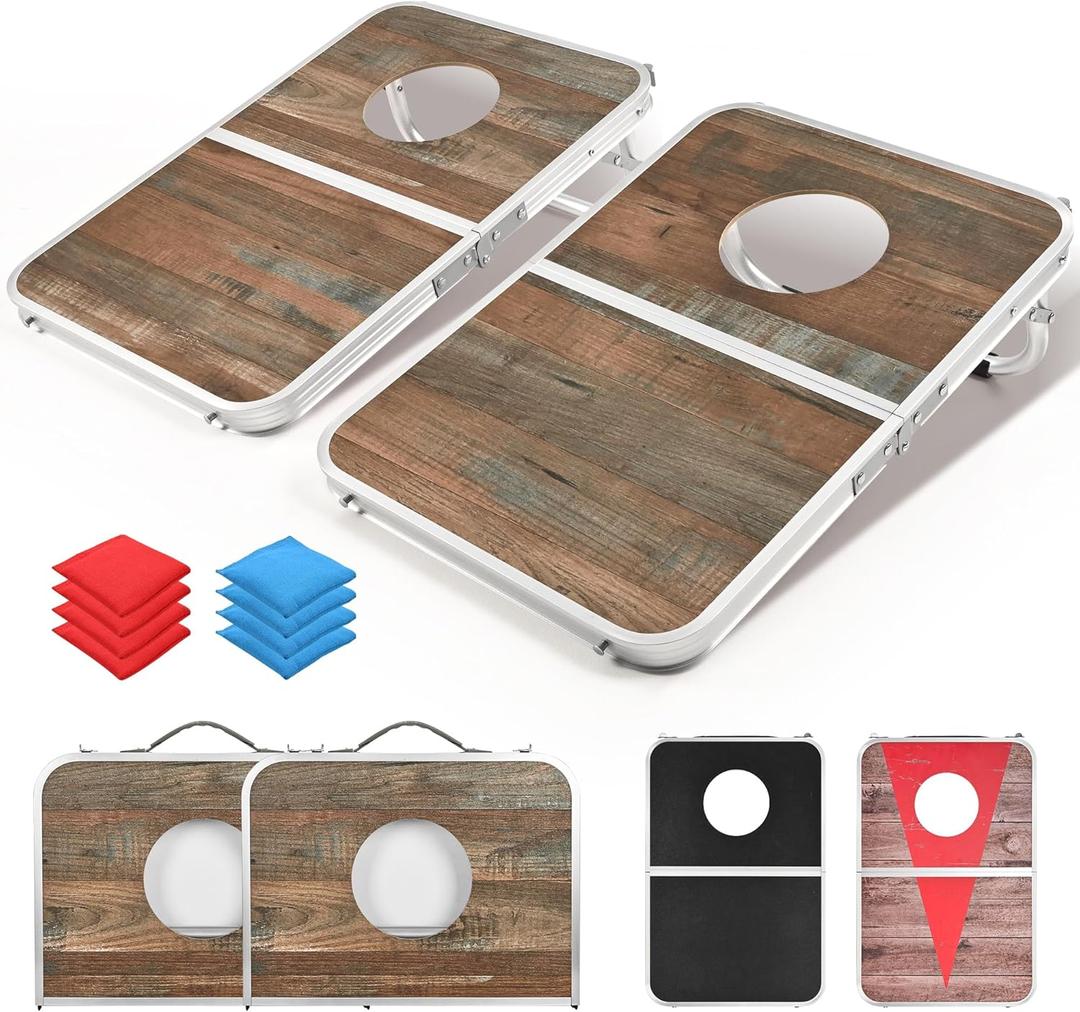 ROPODA Portable Cornhole Board Set, 24 x 16 in Corn Hole Games for Adults with 8 Bean Bags, Lightweight Aluminum Alloy Edging Cornhole Set for Outdoor Games, Beach and Tailgates. (Wood Color)