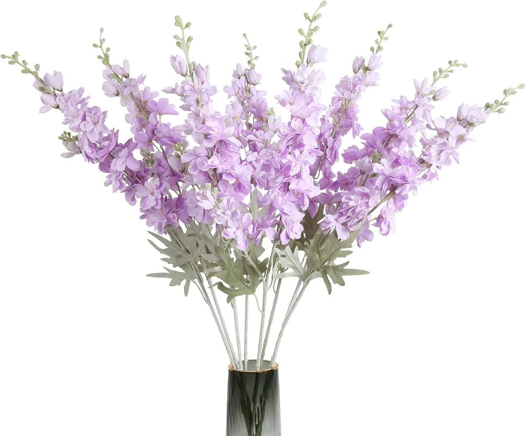 8PCS Purple Delphinium Artificial Flowers 33.5in Long Stem Larkspur Fake Silk Flowers for Tall Vase Faux Flowers for Home Wedding Baby Shower Floral Arrangement Centerpiece Table Decor (Purple)