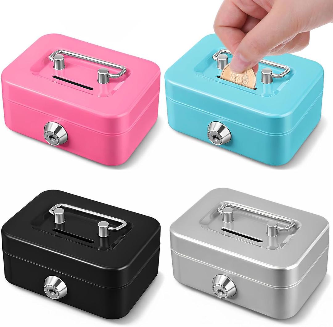 4 Pieces Small Money Box with Lock and Slot 4.5 x 3.3 x 2 Inch Metal Cash Box Set with Key Lock Metal Cash Boxs Piggy Bank Metals Coin Bank Gifts Without Money Tray (Black, Green, Gray, Pink)