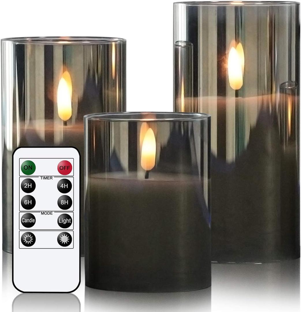 GenSwin Glass Flameless Candles with Remote Battery Operated Flickering LED Pillar Candles Real Wax 3D Wick for Wedding Festival Home Decoration(Gray,Pack of 3) (Black)