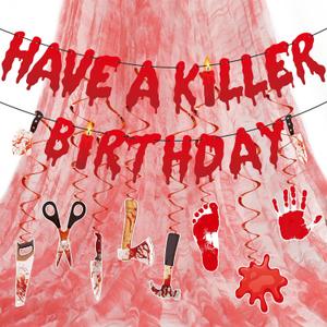 3 x Funnlot Have a Killer Birthday Decorations,5PCS Pre-Assembled Halloween Banner Horror Scary Halloween Birthday Party Decorations Supplies with Backdrop Knife Hanging Decor