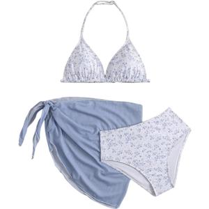 Milumia Girl's 3 Piece Bikni Set Ditsy Floral Halter Swimsuit with Cover Up Skirts (Multicolor, 11Y)