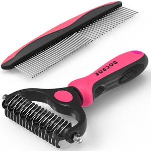 Docrok Pet Grooming Brush & Comb Combo, Cat & Dog Brush for Shedding & Dematting, Undercoat Rake for Long-haired Pets, Pink