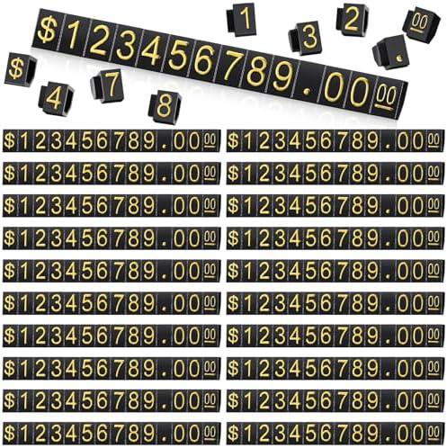 Qunclay 50 Sets Price Display Cube Number Letter Price Tag Cube Blocks Adjustable Dollar Display Stand Small Counter Kit for Jewelry Retail Vending Machine Shop Signs(Black, Gold)