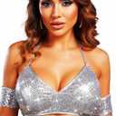 Aukmla Sequin Fringe Outfits Belly Dance Skirt Set Rave Carnival Costume Skirt with Top and Gloves for Women