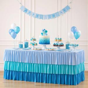 Blue Tablecloths for 6 foot Rectangle Tables Pastel Gradient Blue Table Cloths for Parties 6ft Ruffle Spandex Table Cover with Skirt for Baby Shower Boy Wedding Birthday Party Dessert Banquet Buffet (6ft - 72" X 30" (Rectangular)