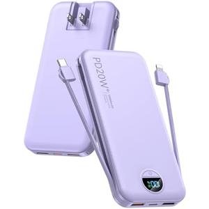 Portable Charger, 10000mAh PD20W USB C Fast Charging Power Bank with Built-in Cables and AC Wall Plug, Smart LED Display Travel Essentials Battery Pack Compatible with iPhone, iPad, Samsung etc Purple