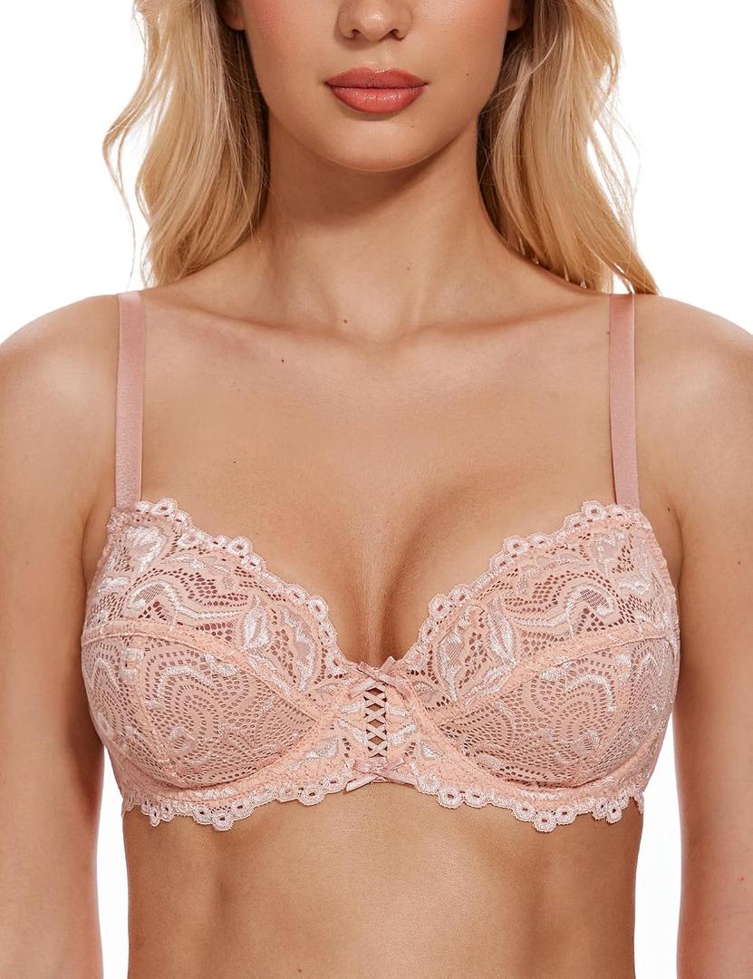 Wingslove Women's Sexy Lace Bra Non Padded Underwire Unlined Bra Full Coverage Plus Size Lace Bralette (Pink)