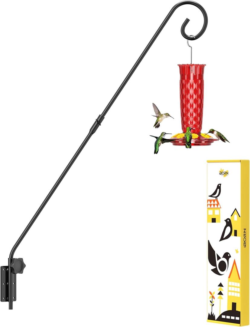 iBorn Wall Mount Deck Hook, 28" Hummingbird Feeder Hanger, Heavy Duty Bird Feeder Pole for Hanging Bird Feeder, Planter, Suet Baskets, Wind Chimes, 180 Rotatable Arm, Solid Wire, Pack of 1