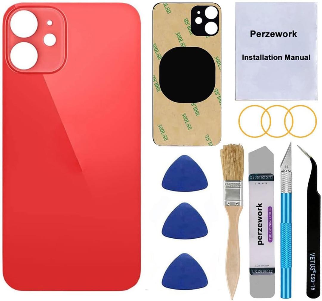 OEM Rear Back Glass Replacement for iPhone 12 6.1 inches with Reparing Toolkit and Pre-Installed Adhesive (Red)