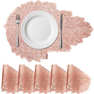 uxcell Rose Gold Leaf Shaped Placemats Set of 6 for Dinner Tables, Metallic Polyvinyl Pressed Placemats Washable Table Mats for Dinner Table Decor (33.5 x 45cm/13.2 x 17.7inch)
