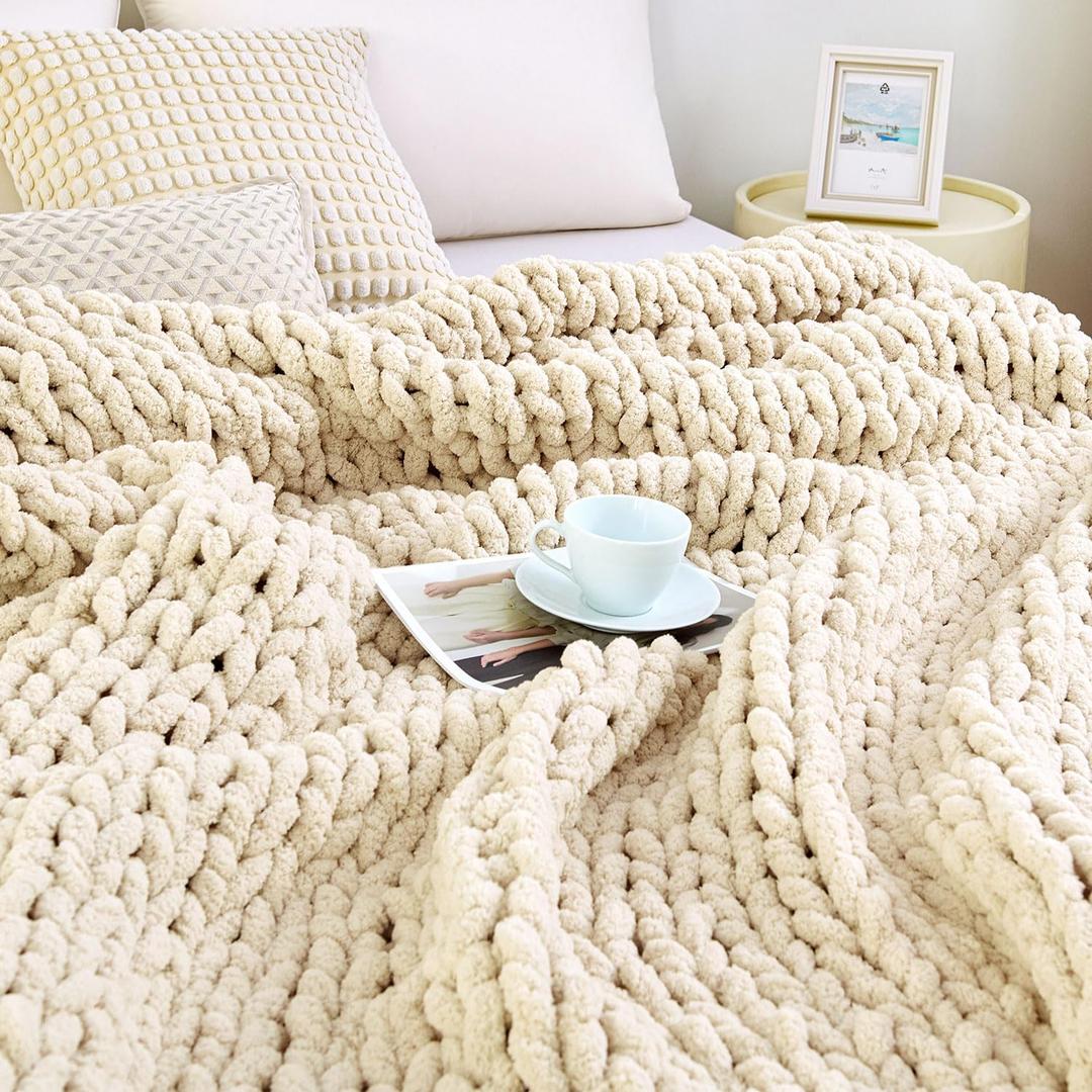 Admitrack Chunky Knit Blanket Throw, 100% Hand Knit Chenille Throw Blanket for Sofa & Home Decor, Soft and Cozy Knitted Throw Blankets (Ivory40"x50")