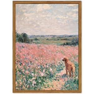 Framed Vintage Wall Art, Rustic Dog in Pink Floral Field Landscape Pictures Wall Decor, Farmhouse Animal Paintings Canvas Prints Cottagecore Home Decor for Living Room Bedroom Bathroom 16x24 inch