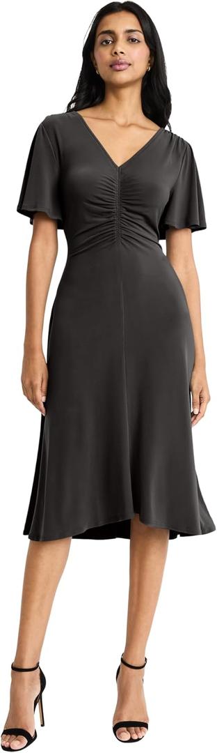 Maggy London Women's Dresses Women's V-Neck Flutter Sleeve Midi Dress with Ruched Bodice and A-Line Skirt - Elegant Wedding Guest Cocktail Dresses, Black, 0