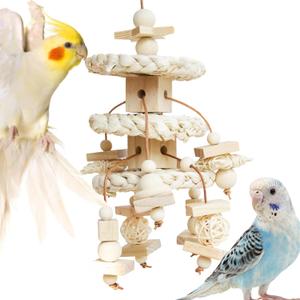 Natural Bird Toys for Quaker Parrot, Lovebird, Parakeet, Cockatiel & Conure  for Chewing, Shredding & Foraging, Corn Husk, Wood & Vine with Leather Cord for Small & Medium Birds