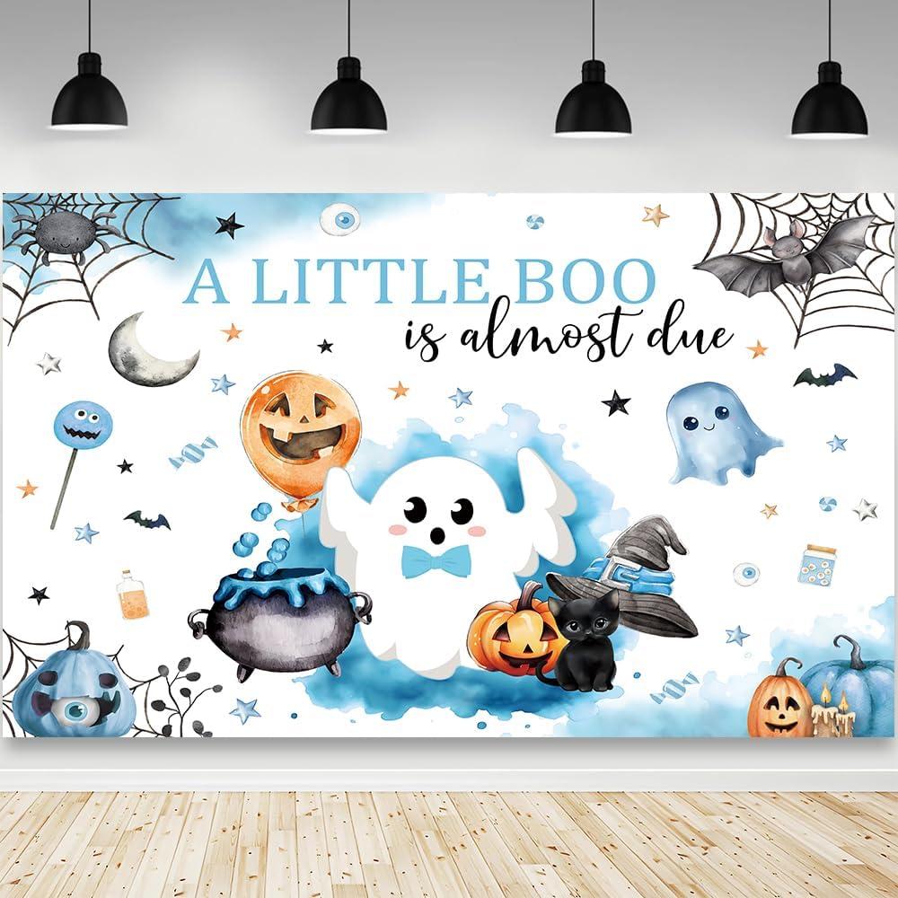 7x5ft Halloween Baby Shower Backdrop for Boys A Little Boo is Almost Due Blue Background Decorations Halloween Cute Ghost Boo Newborn Baby Party Photo Booth Props