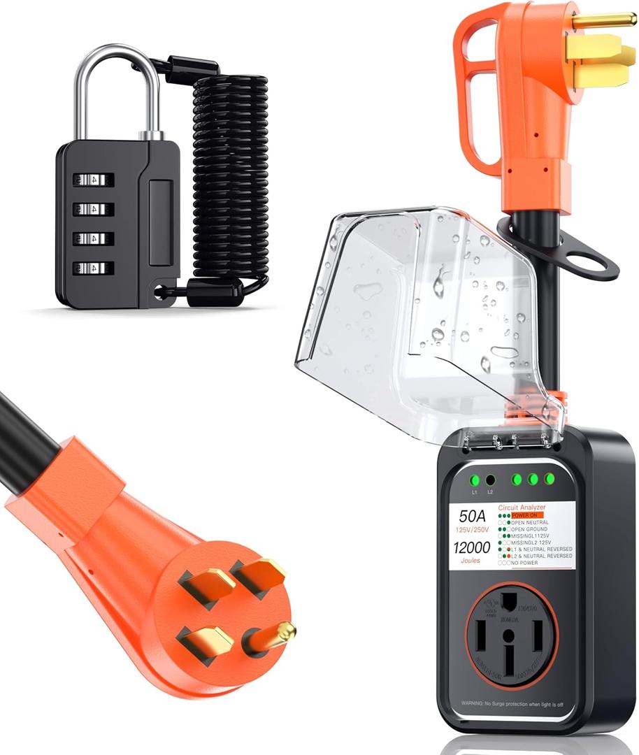RV Surge Protector 50 Amp Waterproof, Upgraded 12000 Joules RV Power Protector Safety-Certified, RV Adapter Plug with Anti-Theft Cable Lock for Camper, Circuit Analyzer for Travel Trailers (Orange)