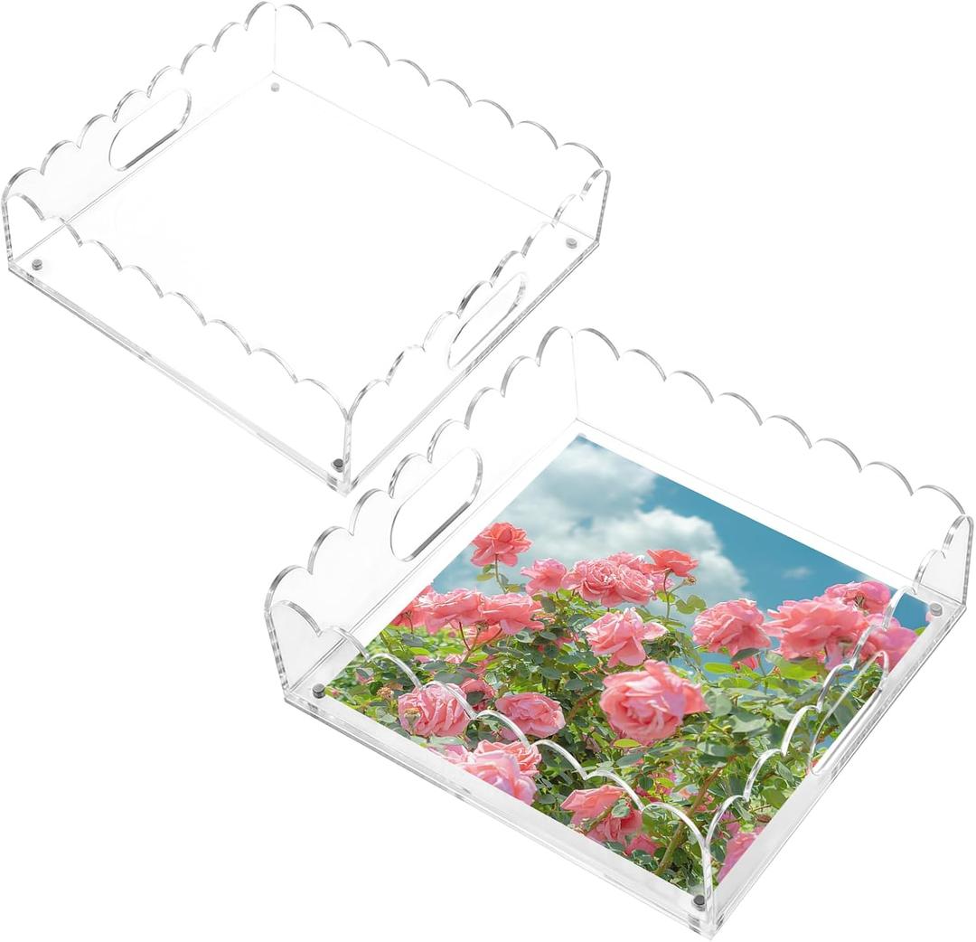 2 Pack Scalloped Acrylic Trays with Magnetic Mat, Clear Display Organizer, Magnetic Photo Display Tray for Art Prints, Postcards, Jewelry Storage, Office & Home Decor Gift for Women & Mom