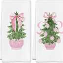 Chinoiserie Pink Bow Christmas Kitchen Towels, Christmas Bauble Tree Dish Tea Towels, Grandmillennial Xmas Decorative Hand Towel for Kitchen Bathroom, 16x24 Inch Set of 2